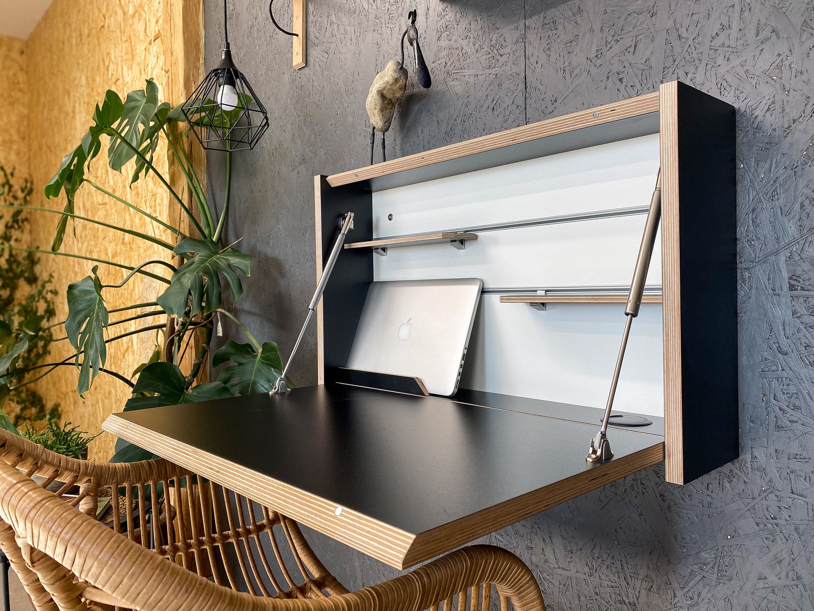 Folding wall desk with shelves - Black